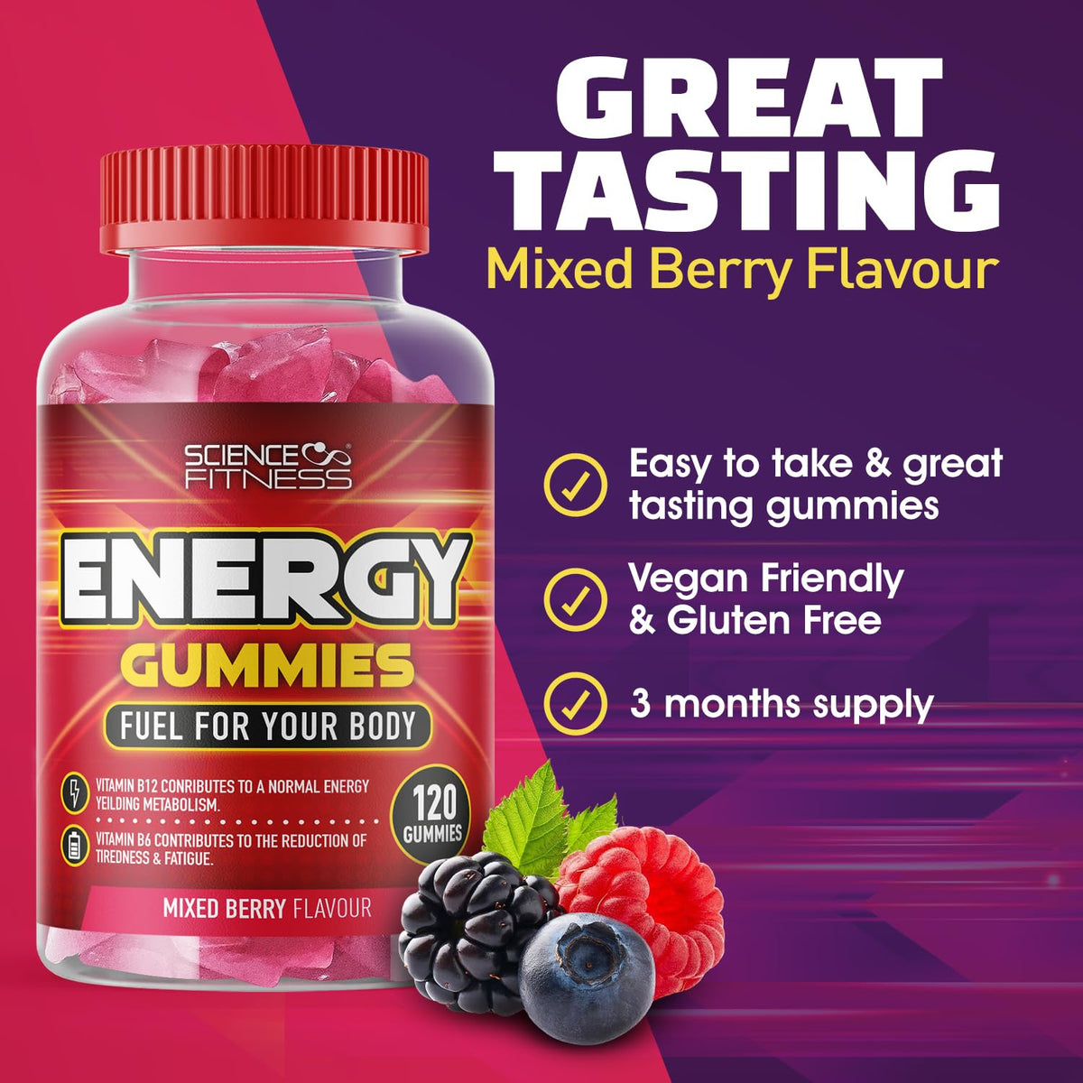 SCIENCE FITNESS Energy Gummies |120 Mixed Berry Flavour Gummies from Science Fitness Brand |4 Months Supply