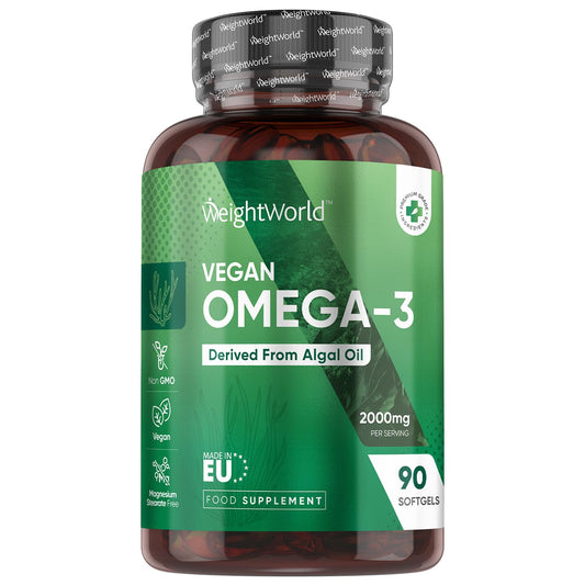 Vegan Omega 3 Capsules (Softgels) - 2000mg per Serving - 90 Softgels (45 Days Supply) - Algae Oil Omega 3 - Derived from Microalgae Schizochytrium - High Strength Omega-3 Nutritional Supplements