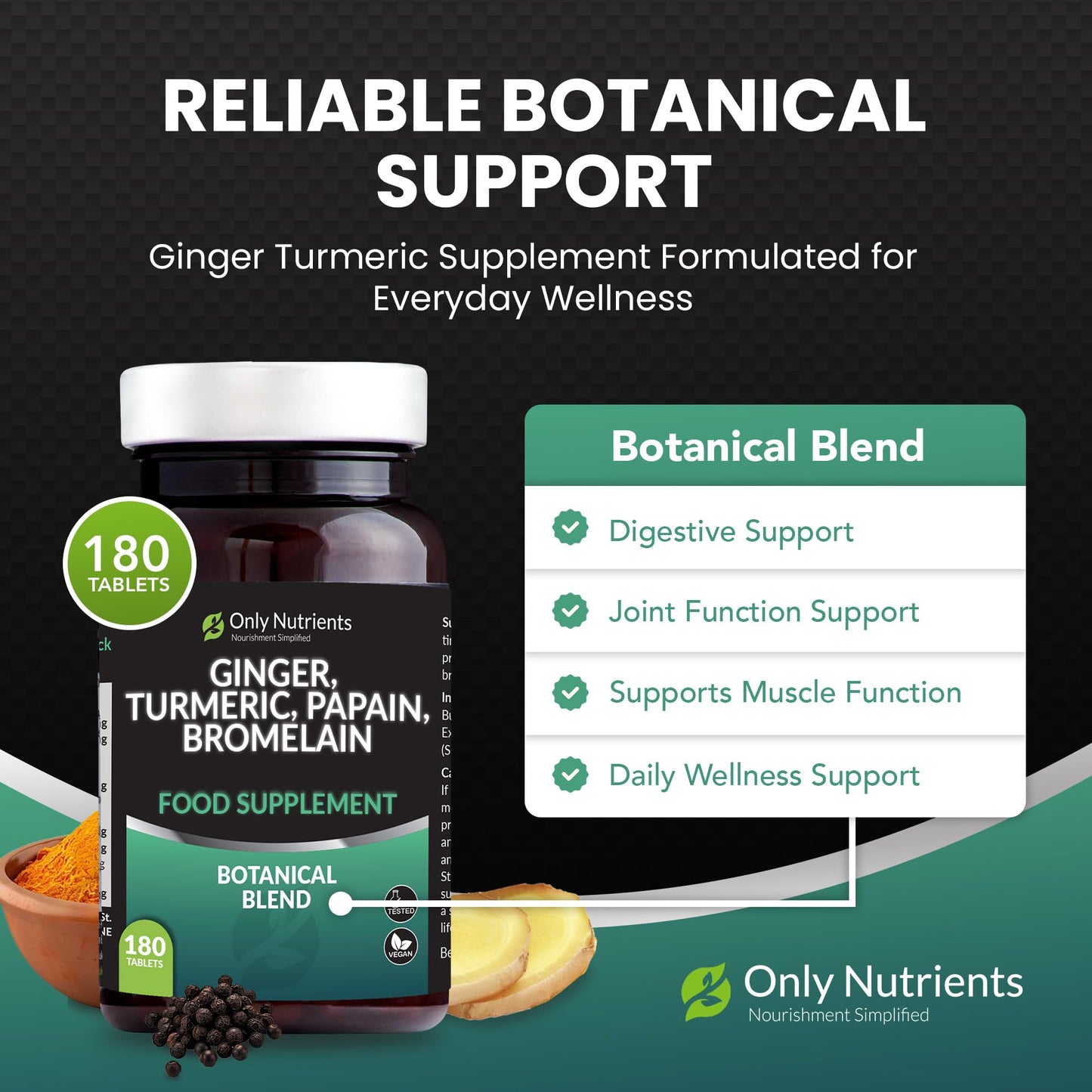 Only Nutrients - Turmeric Papain Bromelain Ginger Supplement, High-Strength Liver, Digestive & Joint Health Support, Nourishing Herbal Blend, 180 Turmeric Tablets