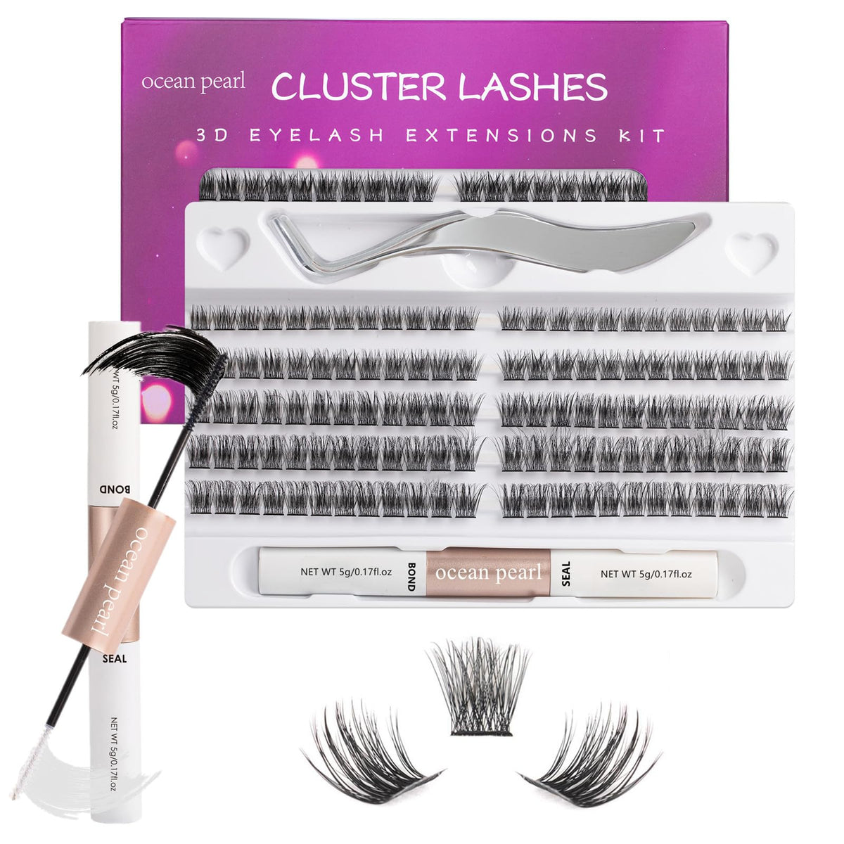 ocean pearl Individual Lashes with Lash Bond and Seal 120 Cluster Lashes Eyelash Extension Kit Thin Band Lash Clusters Wide Stem Lash Extensions Mix C/CC/D Curl 10-16mm Length False Eyelashes with Glue - OP28