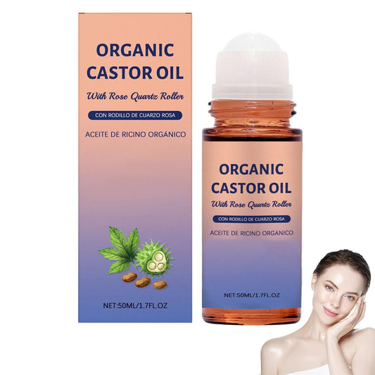 Generic Organic Castor Oil with Rose Quartz Roller, 50ml Organic Castor Oil Roll On, Natural Ingredients, Gently Nourishes Skin, Deep Hydration & Smoothing, for Belly, Face, Body, 1.7 fl oz
