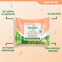 Simple Protect ‘N’ Glow Instant Glow Biodegradable Wipes dermatologically tested for sensitive skin 20 wipes