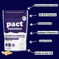 Vitamin B Complex High Strength - with Vitamin D3 & Vitamin C - All 8 Essential B Vitamins - 120 Easy to Swallow Tablets - VIT B Vegan Supplement - Pact Nutrition