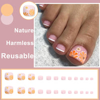 Ceboic 24Pcs Press on Toenails Short Square, 12 Sizes French Nude Pink Stick on Toenails, Full Cover False Toe Nails with Yellow Flowers Design, Artificial Natural Fake Toe Nails for Women and Girls