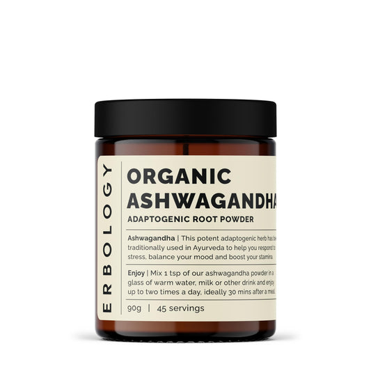 Erbology Organic Ashwagandha Powder 90g - 45 Servings - Sleep Aid - Rich in Withanolides - Sustainably Sourced Straight from Farm in India - Small Batch - Vegan - GMO-Free