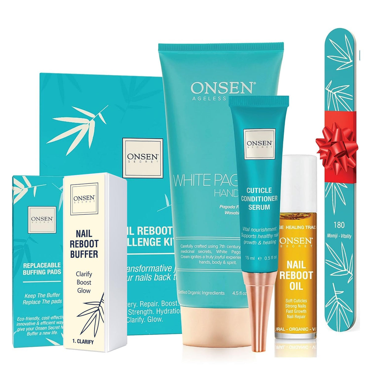 Onsen Secret Ultimate Nail Reboot Kit - Professional Nail File and Buffer, 3-Way Block w/Replacement Pads, Nail Strengthening Cuticle Cream, Reboot Oil & Anti Aging Hand Lotion