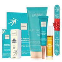 Onsen Secret Ultimate Nail Reboot Kit - Professional Nail File and Buffer, 3-Way Block w/Replacement Pads, Nail Strengthening Cuticle Cream, Reboot Oil & Anti Aging Hand Lotion