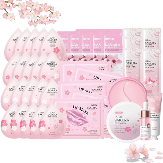 SALROAL Sakura Skin Care Sets & Kits, 38PCS Skin Care for Teenage Girls, JAPAN Sakura Skincare Set, Cleanser, Serum, Hand Cream, Eye Mask, Sleep Mask, Lip Mask, Cleanser, Cream, Lotion, Toner, Mud Mask