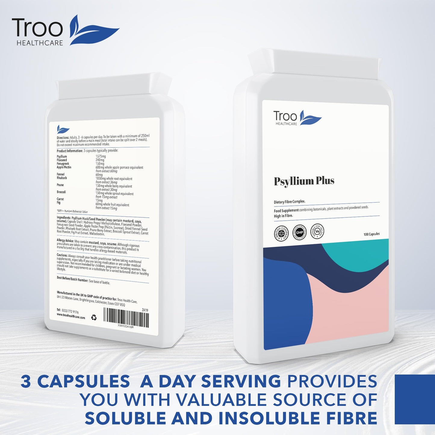 Troo Health Care Digest-Flow Psyllium Plus Dietary Fibre Complex - 100 Capsules | Soluble and Insoluble Fibre Blend | UK Manufactured to GMP Standards