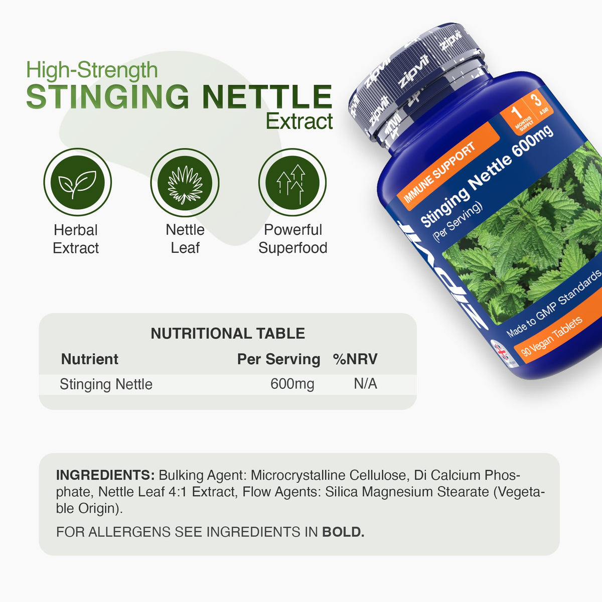 Zipvit Stinging Nettle 600mg, 200mg Per Tablet, 90 High Strength Vegan Tablets, Potent Antioxidant