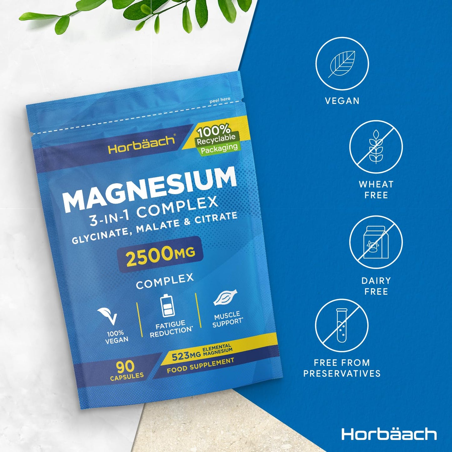 Magnesium Glycinate Supplements 2500mg | 3-in-1 Complex | 523mg Elemental Magnesium | Magnesium Bisglycinate, Malate & Citrate Triple Blend | 90 Vegan Capsules | by Horbaach