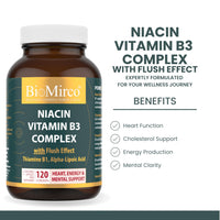 Bio Mirco Niacin Supplements with Flush Effect, B3 Vitamin Supplement, Nicotinic Acid, B1 Thiamine, ALA, 120 Capsules, Cognitive Function, Cholesterol, Heart & Energy, 50mg Active Form (niacinamide alternative)