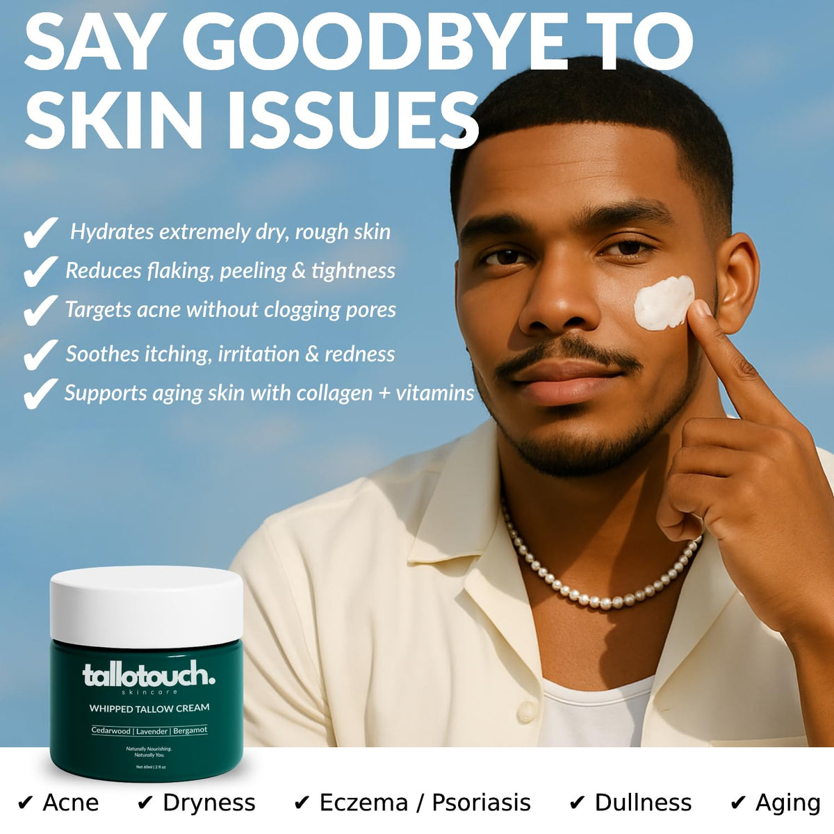 Tallotouch. Whipped Tallow Cream for Face & Body - 100% Grass-Fed Beef Tallow, Collagen, Shea Butter & Beeswax Moisturiser, Deep Hydration & Skin Repair, Essential Oils, Fast Absorbing