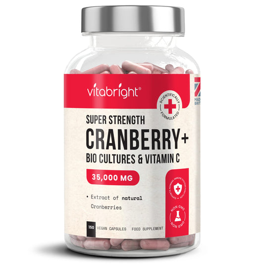 Cranberry Capsules 35,000mg High Strength - with Probiotics/Bio Cultures and Vitamin C - 150 Capsules - Advanced Cranberry Extract Supplement - Made in UK by VitaBright