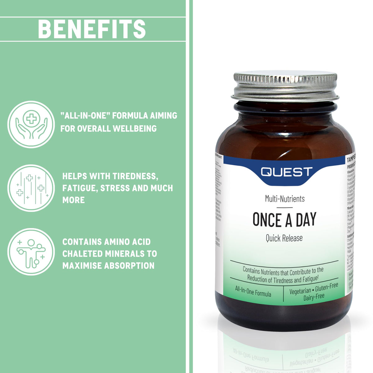 Quest - 90x Once A Day Multivitamins and Minerals Supplements. Daily Vitamins for Men & Women to Support and Boost Overall Well Being. Vitamins C, D, B, Iron, Magnesium, Zinc and More (1 Pack)