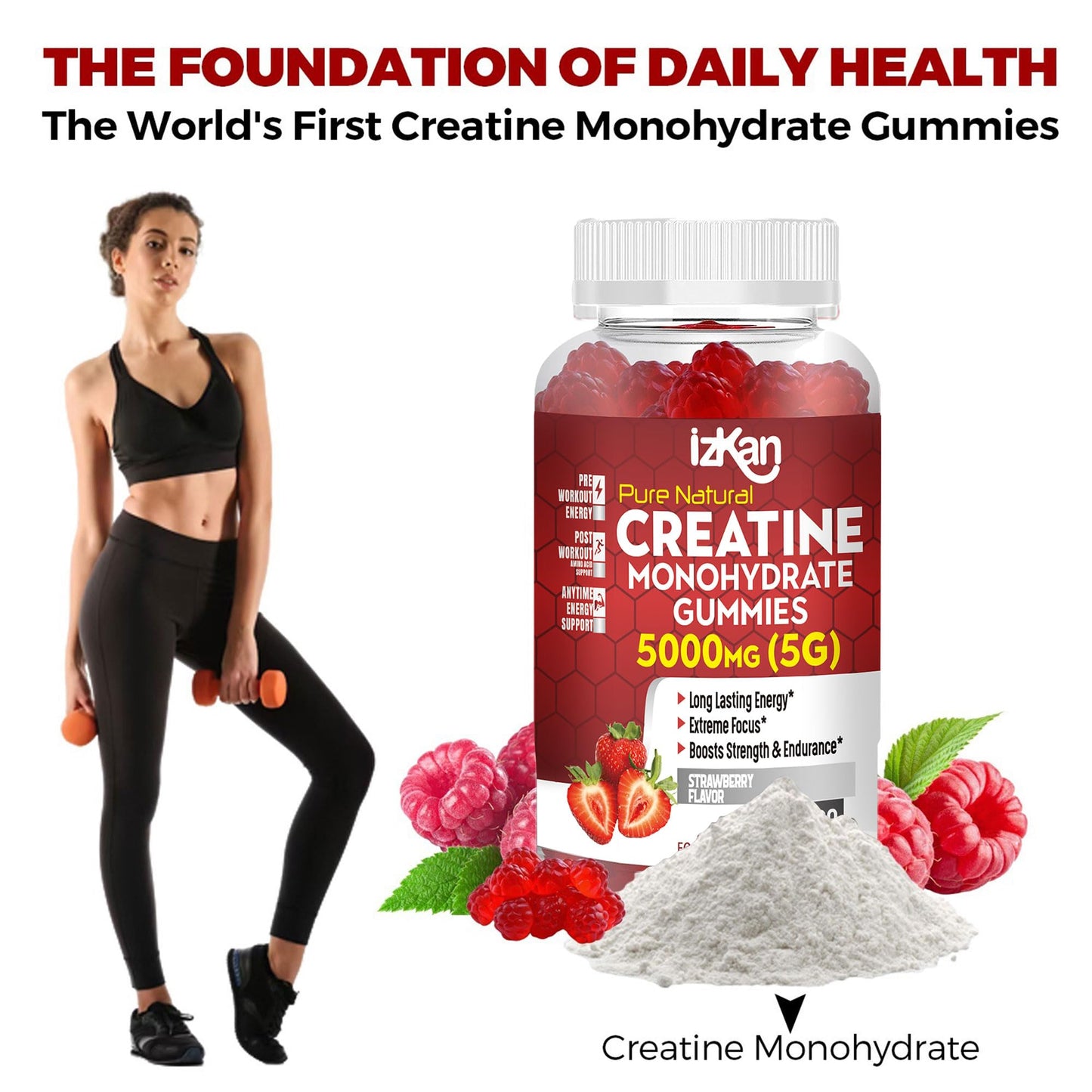 Izkan Creatine Gummies 5000mg (5G) for Men & Women - 90 Chewable Creatine Monohydrate Gummies Strawberry Flavoured | Pre Workout Gym Supplement| Muscle Boost| 3 Per Day - Vegan & Halal (1X)
