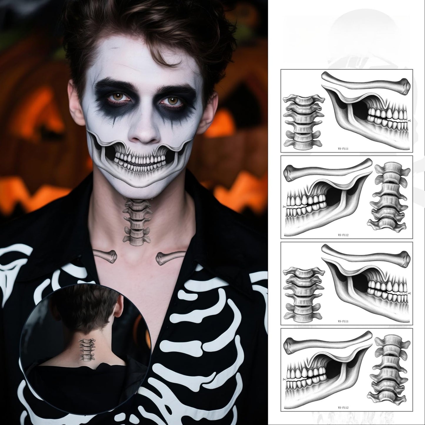 Lekabee skeleton mouth temporary tattoo,devil face temporary tattoo,halloween face stickers,halloween make up adults,face tattoos for men and women,horror make up,scary face tattoos