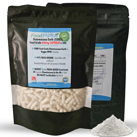 FoodPURA Food Grade Diatomaceous Earth Capsules (Codex) Pure White 94% Silica Fresh Water Sourced 600mg (365)