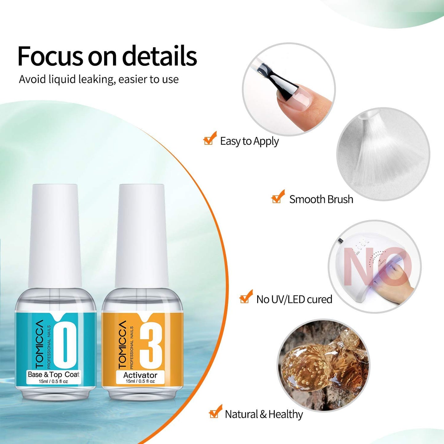 TOMICCA Dipping Top & Base Coat and Activator Large Capacity Liquid Set 2x15ml Dip Powder System Starter Kit No UV/LED Dip Manicure Set of Liquids for Dipping Powder Nail Polish