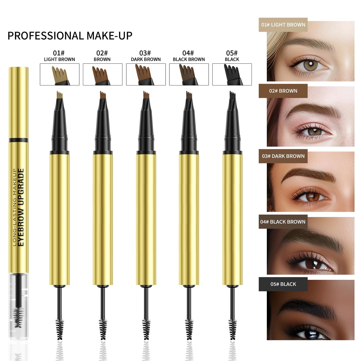 Weixinbuy 2-IN-1 Microblading Eyebrow Pen Long-lasting, Waterproof Eyebrow Pencil Dual-Ended with 4-Fork-Tip & Brow Brush & Clear Brow Gel, Fluffy & Defined Brows for Natural-Looking (2# Black)