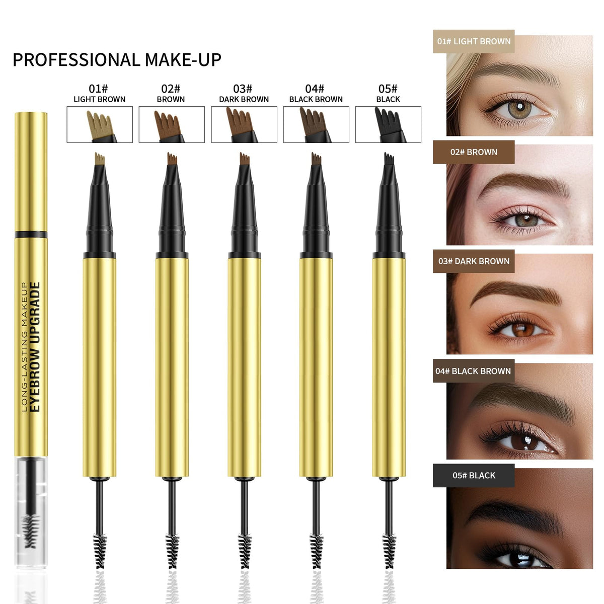 Weixinbuy 2-IN-1 Microblading Eyebrow Pen Long-lasting, Waterproof Eyebrow Pencil Dual-Ended with 4-Fork-Tip & Brow Brush & Clear Brow Gel, Fluffy & Defined Brows for Natural-Looking (2# Brown)