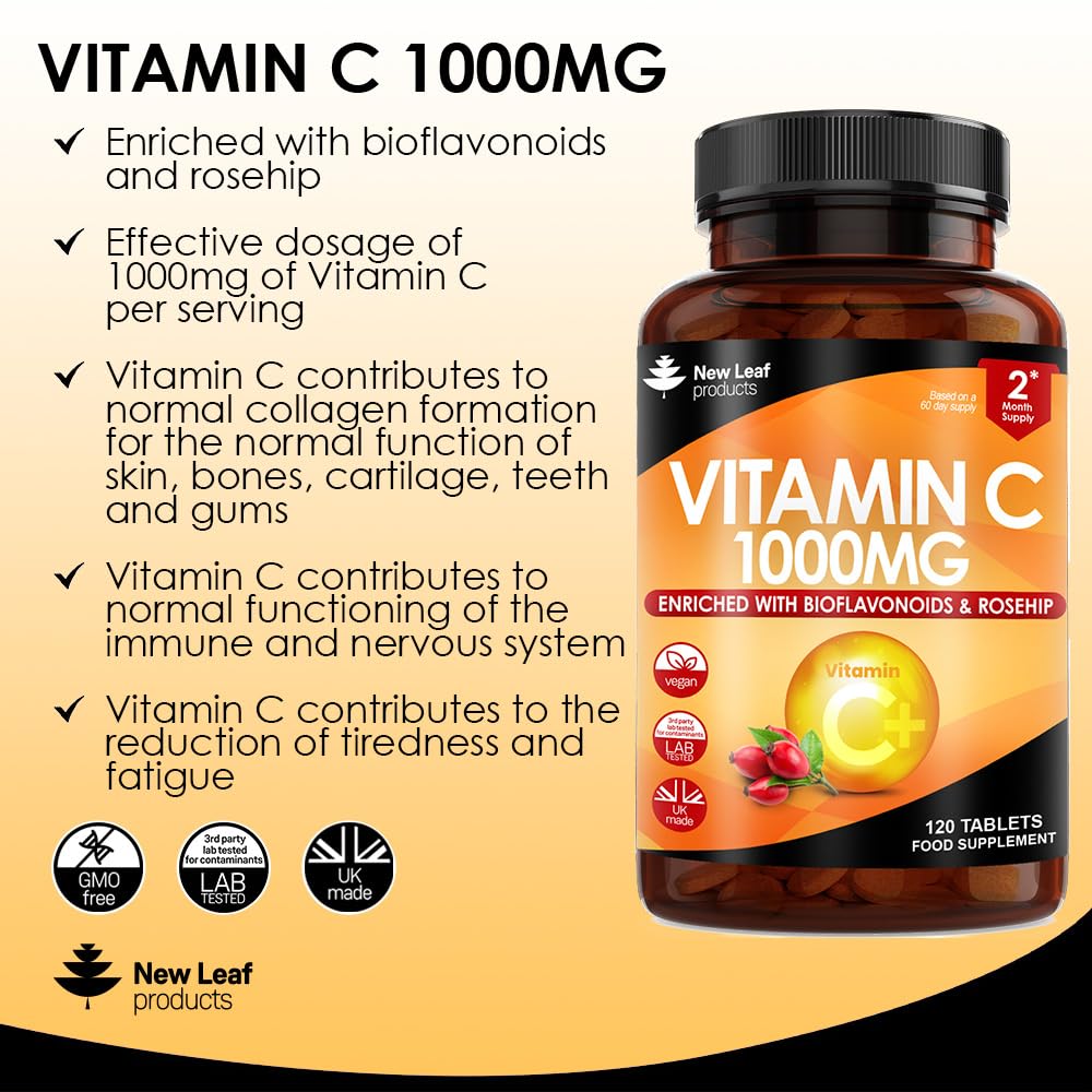 Vitamin C Tablets 1000mg - Premium Vitamin C Supplements - Enriched With Bioflavonoids & Rosehip Vegan & Vegetarian Vitamin C Tablets High Strength Ascorbic Acid Vit C for Normal Immune System UK Made