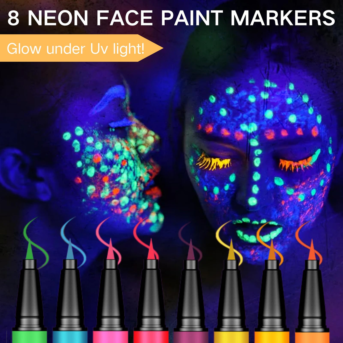 SHEBEEDO UV Face Paint Pens 8 Colours, Neon Face Paint, Glow in the Dark, FacePaint Markers, Body Art Kit - Quick Dry Washable Neon Makeup for Halloween, Festivals, Raves & Blacklight Parties