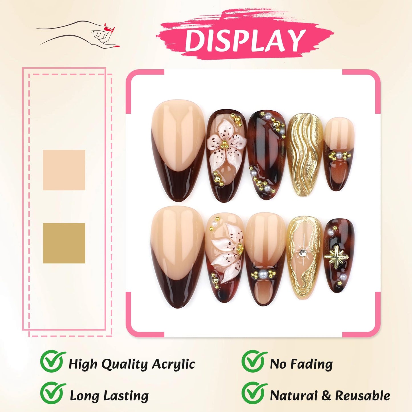 Ceboic French False Nails Short, 24Pcs Square Fake Nails Pink Orange Swirl Press on Nails with Rainbow Designs, Full Cover Artificial Nail Tips Stick on Nails for Women and Girls