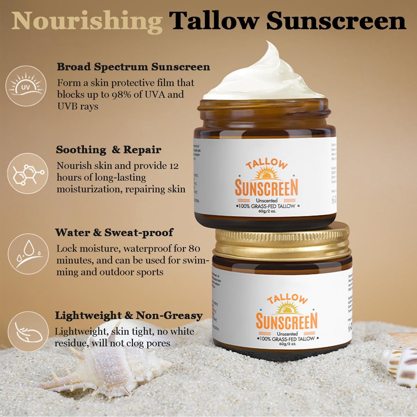 Beef Tallow Sunscreen Spf 50 - Organic Sun Cream 100% Grass-Fed Tallow - Instant Sun Protection Cream For Face & Body - Lightweight Moisturizing Sun Screen For Women, Men Ourdoor Daily Defence