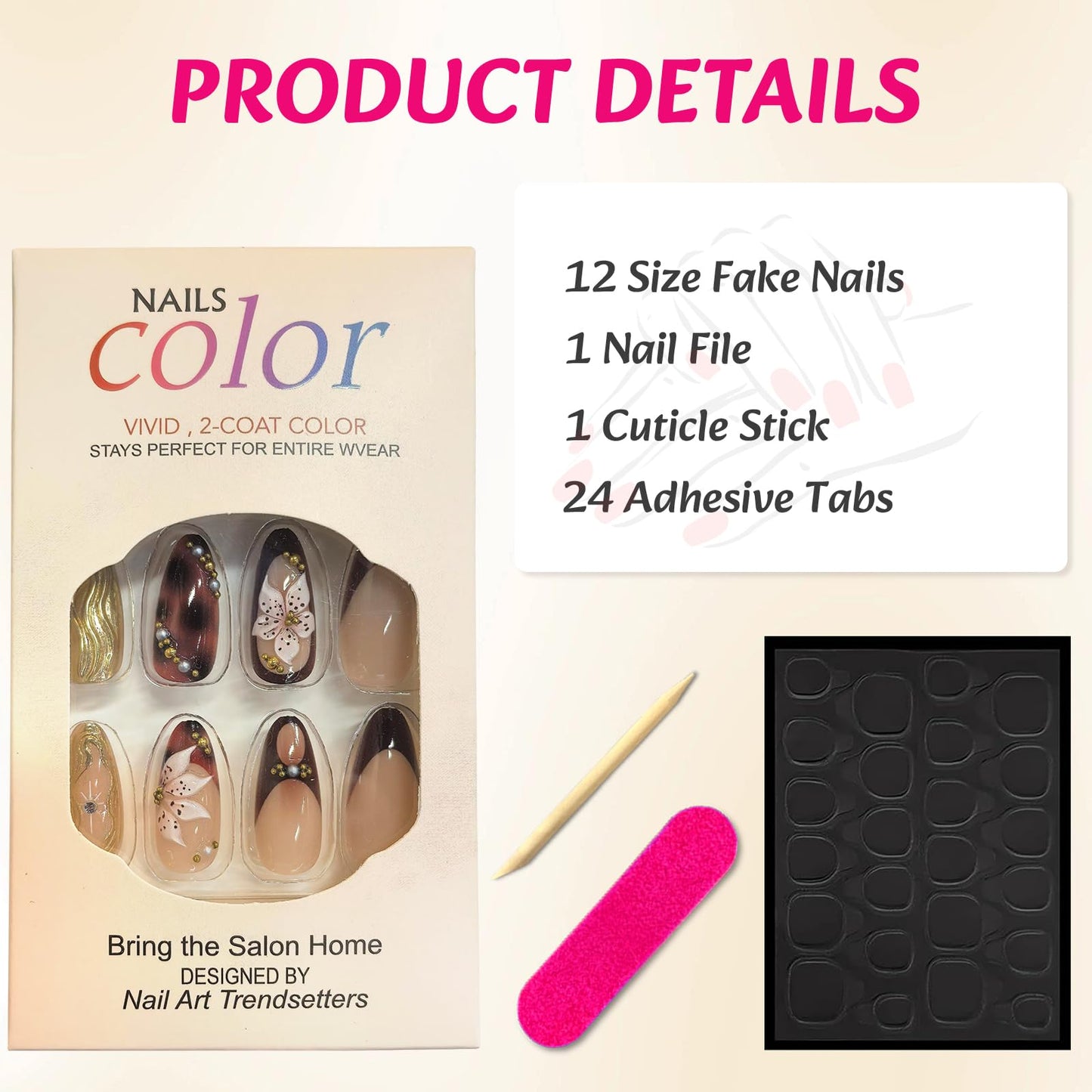 Ceboic French False Nails Short, 24Pcs Square Fake Nails Pink Orange Swirl Press on Nails with Rainbow Designs, Full Cover Artificial Nail Tips Stick on Nails for Women and Girls