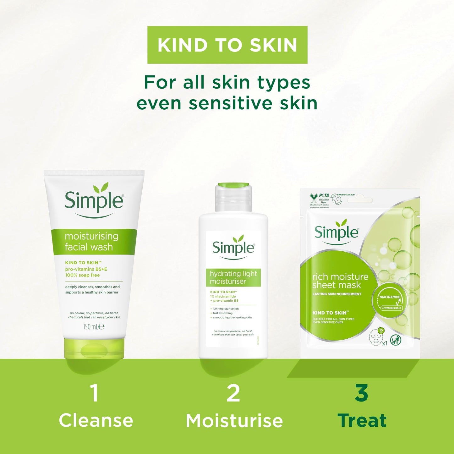 Simple Kind to Skin Regime 3 piece Gift Set with Face Wash, Sheet Mask & Moisturiser Perfect for Any Occasion