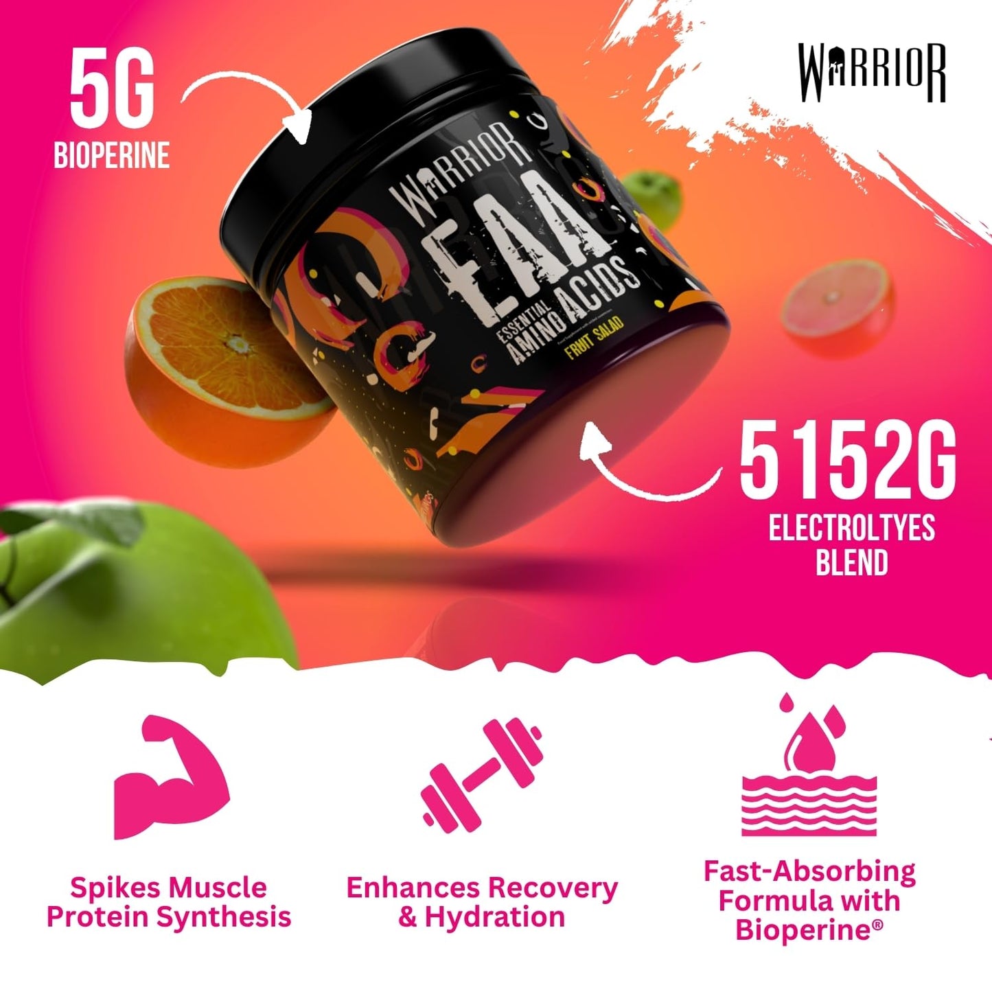 Warrior EAA Amino Acids Powder, 360g – Essential Amino Acid Supplements for Intra Workout & During Exercise, Muscle Post-Training Recovery Drink, EAAs Hydration Support, 30 Servings, Fruit Salad