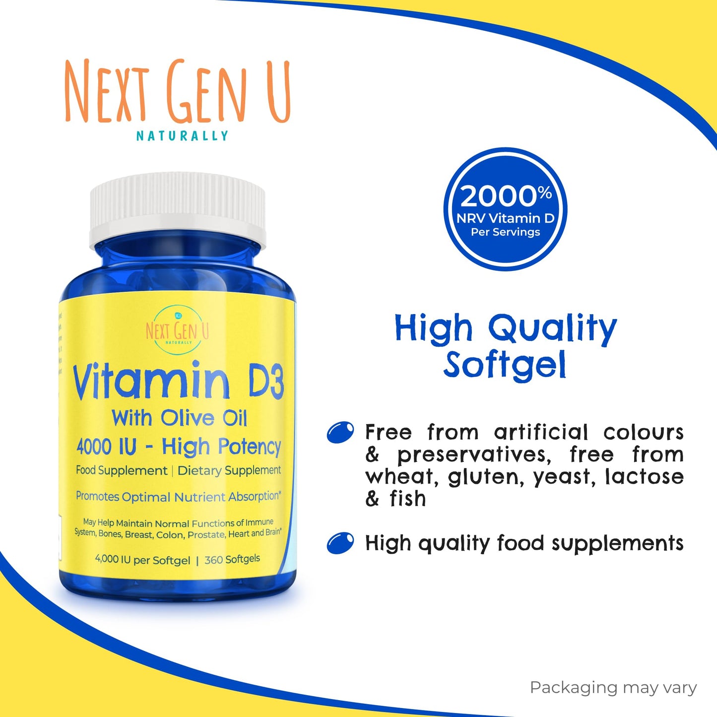 Next Gen U Vitamin D3 4000 IU Food Supplement w/Olive Oil to Support Immune & Bone Health, 360 Softgels
