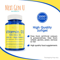 Next Gen U Vitamin D3 4000 IU Food Supplement w/Olive Oil to Support Immune & Bone Health, 360 Softgels
