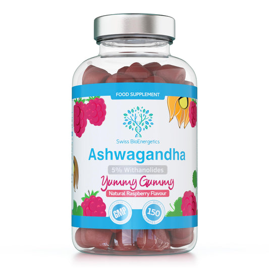 swiss bioenergetics Ashwagandha Gummies - 150 Natural Raspberry Flavoured Chewable & Yummy - 1200mg High Strength Serving with 5% Withanolides - 75 Day Supply - UK Made