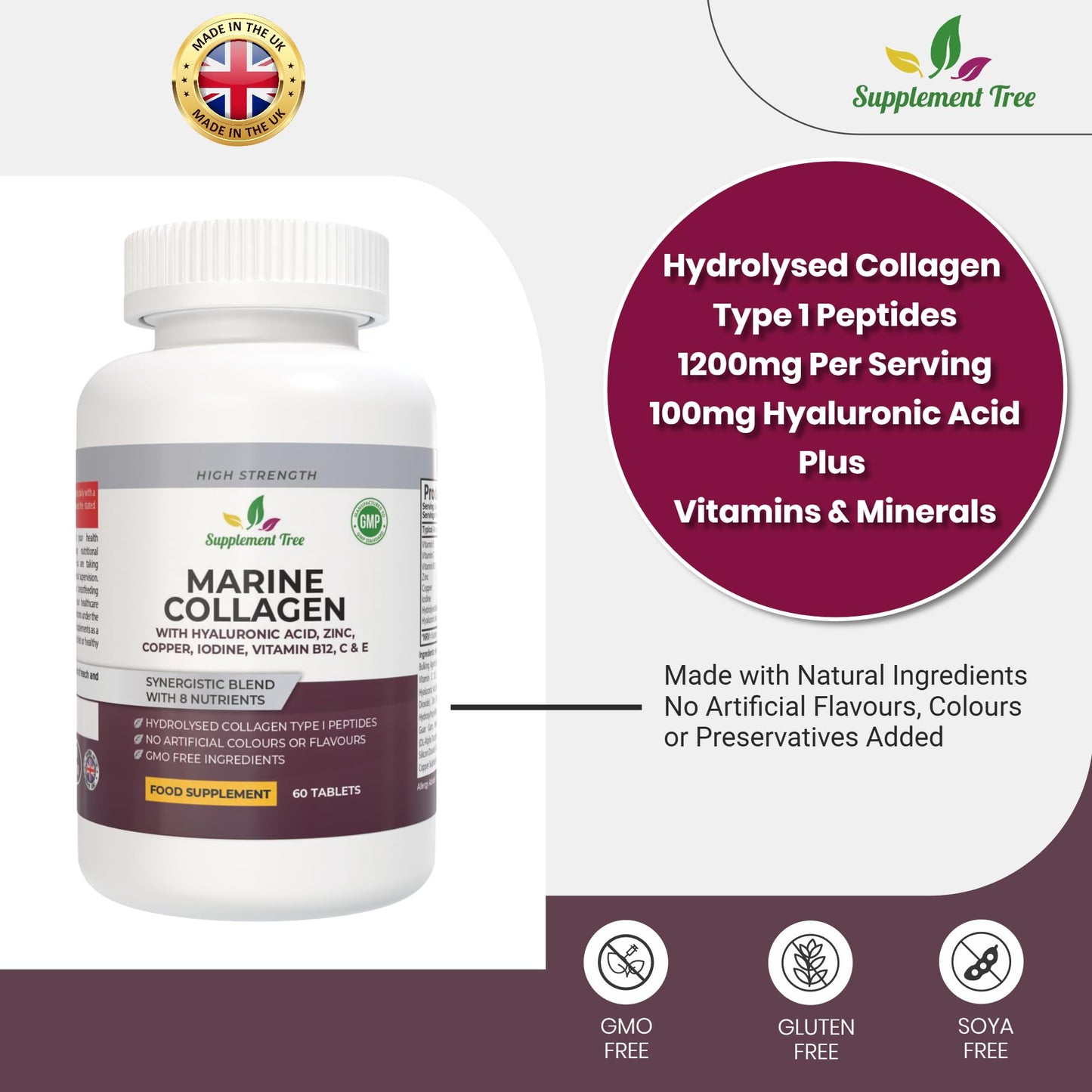 Supplement Tree Hydrolysed Marine Collagen Peptides Tablets 1200mg with Hyaluronic Acid, Vitamins C, E, B12, Copper, Zinc, & Iodine - High Strength Supplements for Women & Men - Hair Skin and Nails - 60 Tablets