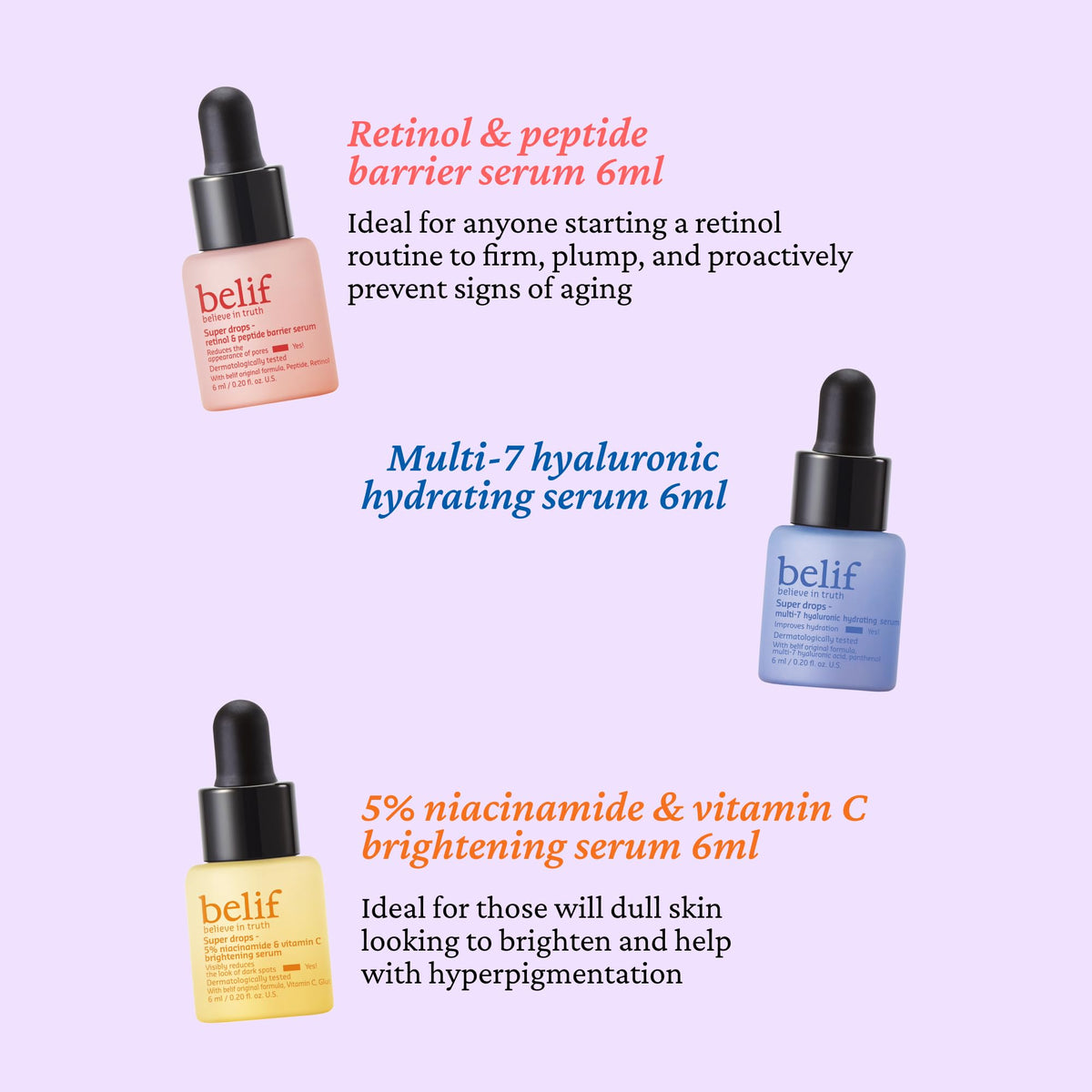 belif Super drops - discover glowing skin mini kit | Travel size, gift set, hyaluronic hydrating serum, peptide firming serum, vitamin C brightening serum, Korean skincare, Korean beauty (6ml x 3)