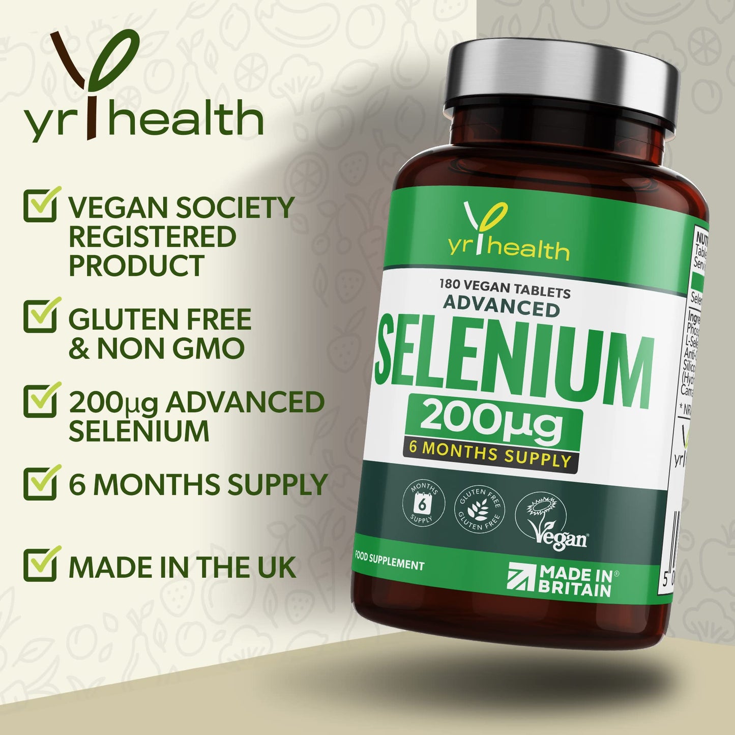 Selenium 200mcg Tablets - 180 Vegan Society Registered Pills, for Thyroid and Immune Health, Hair, Skin and Nails - 6 Month Supply Tablets Not Capsules - Made in The UK by YrHealth