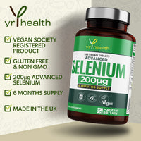 Selenium 200mcg Tablets - 180 Vegan Society Registered Pills, for Thyroid and Immune Health, Hair, Skin and Nails - 6 Month Supply Tablets Not Capsules - Made in The UK by YrHealth