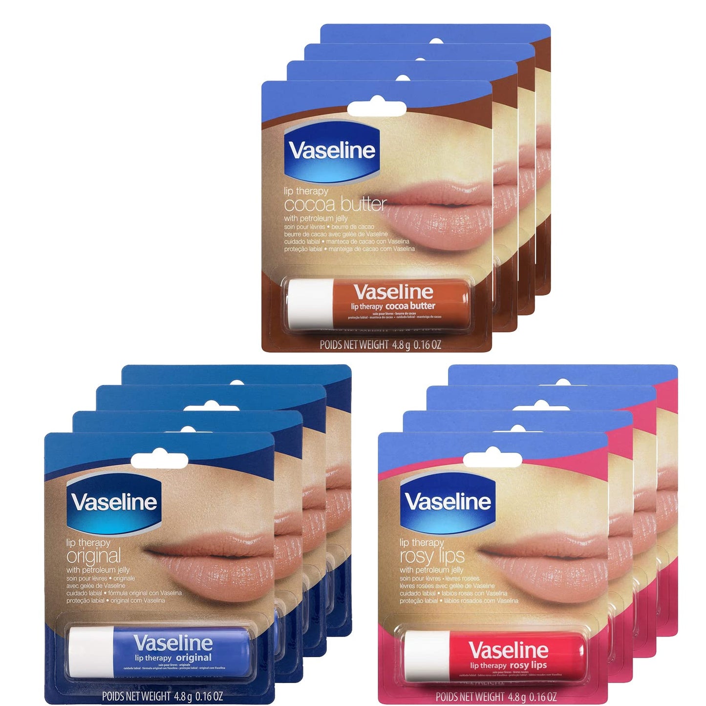 Vaseline Lip Therapy Stick with Petroleum Jelly | Lip Balm Set Collection | Original | Rosy Lips | Cocoa Butter, Pack of 12