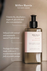 Miller Harris Rose Silence Hand and Body Lotion 300ml – Shea Butter, Argan Oil, Glycerin, Aloe Vera & Vitamin B5 | Soft & Delicate Rose Scent for Gentle Cleansing