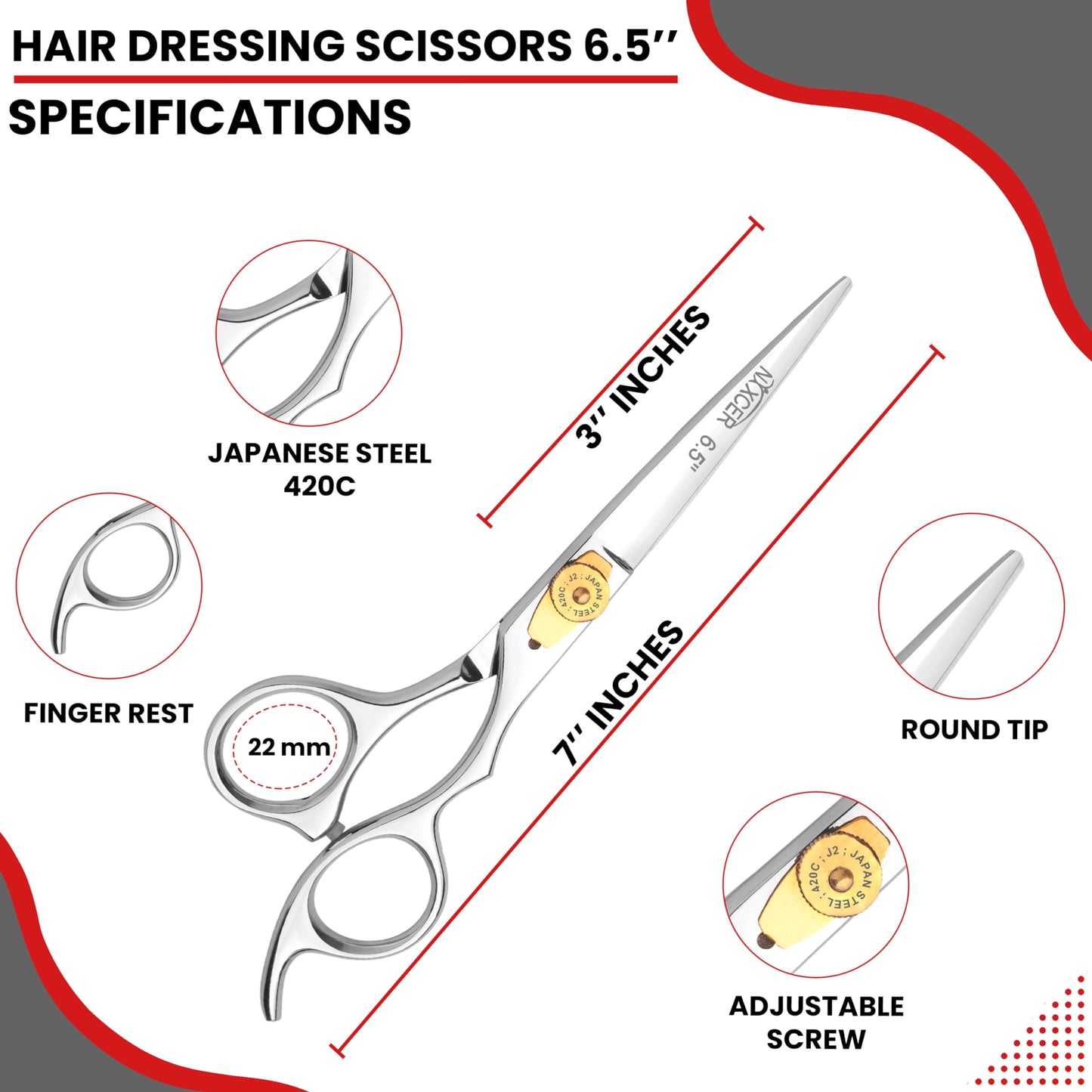 Nixcer Hair Cutting Scissors -Sharp Razor Edge Blade Hair Shears Series - 6.5" with Fine Adjustment – Stainless Steel Hair Scissors Professional for Men, Women & Babies (Silver)