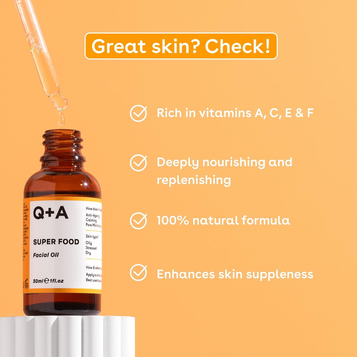 Q+A Super Food Facial Oil (30ml), Natural Vitamin-Rich Face Oil with Jojoba, Vitamin E Oil for Skin, Deeply Nourishes and Hydrates Dry, Sensitive, and Normal Skin, Boosts Skin Radiance and Glow