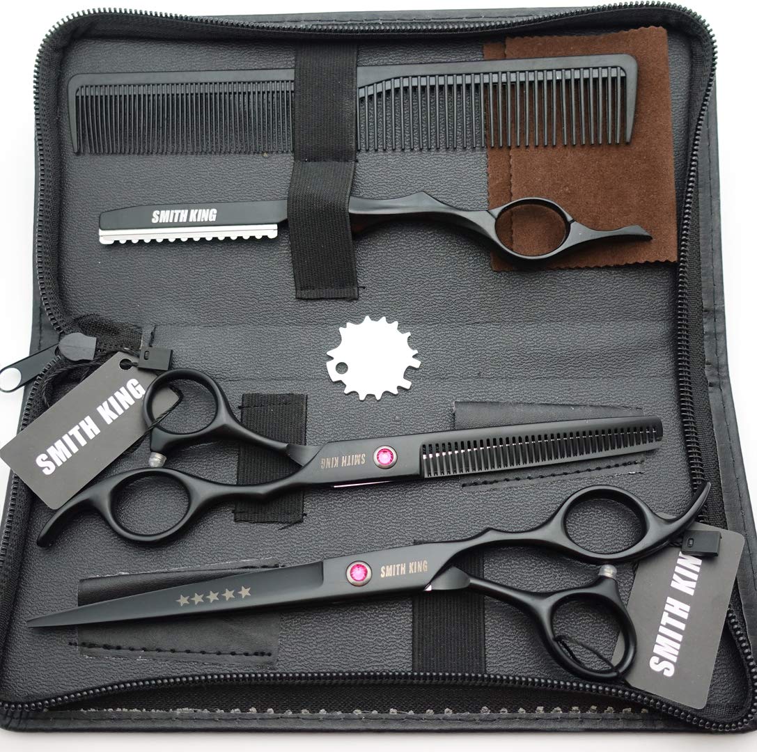Smith King 7.0 inch Hair Scissors Set with Razor Combs in 1 Set (Black)
