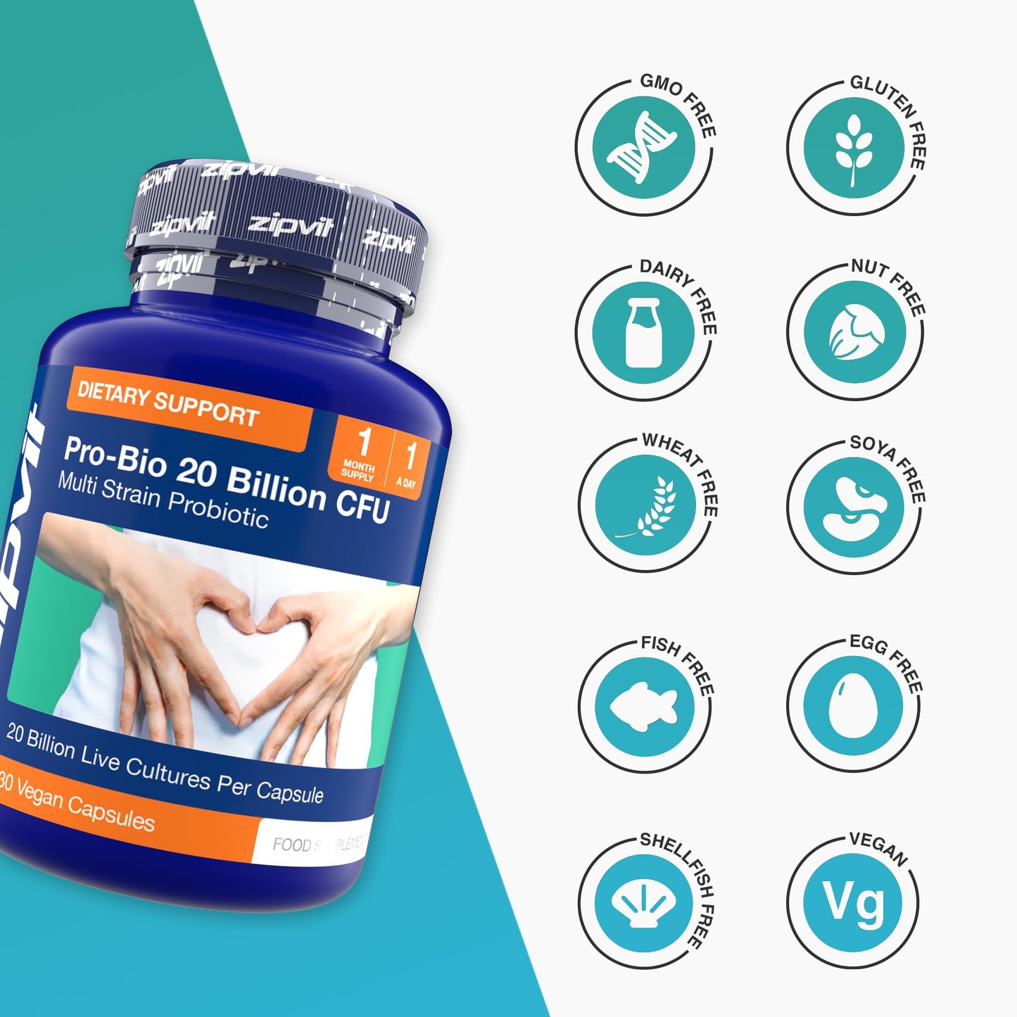 Zipvit Pro Bio 20 Billion CFU Probiotics for Gut Health, High Strength, 30 Vegan Probiotic Capsules for Men & Women, 3 Live Bacterial Cultures, Lactobacillus & Bifidobacterium Animalis