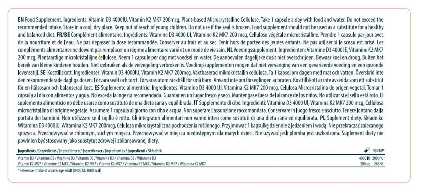 Vitamin D3 4000IU + K2 MK7 200mcg Natural Premium Quality 100 Capsules Immune Support Perfect Proportions Maximum Absorption