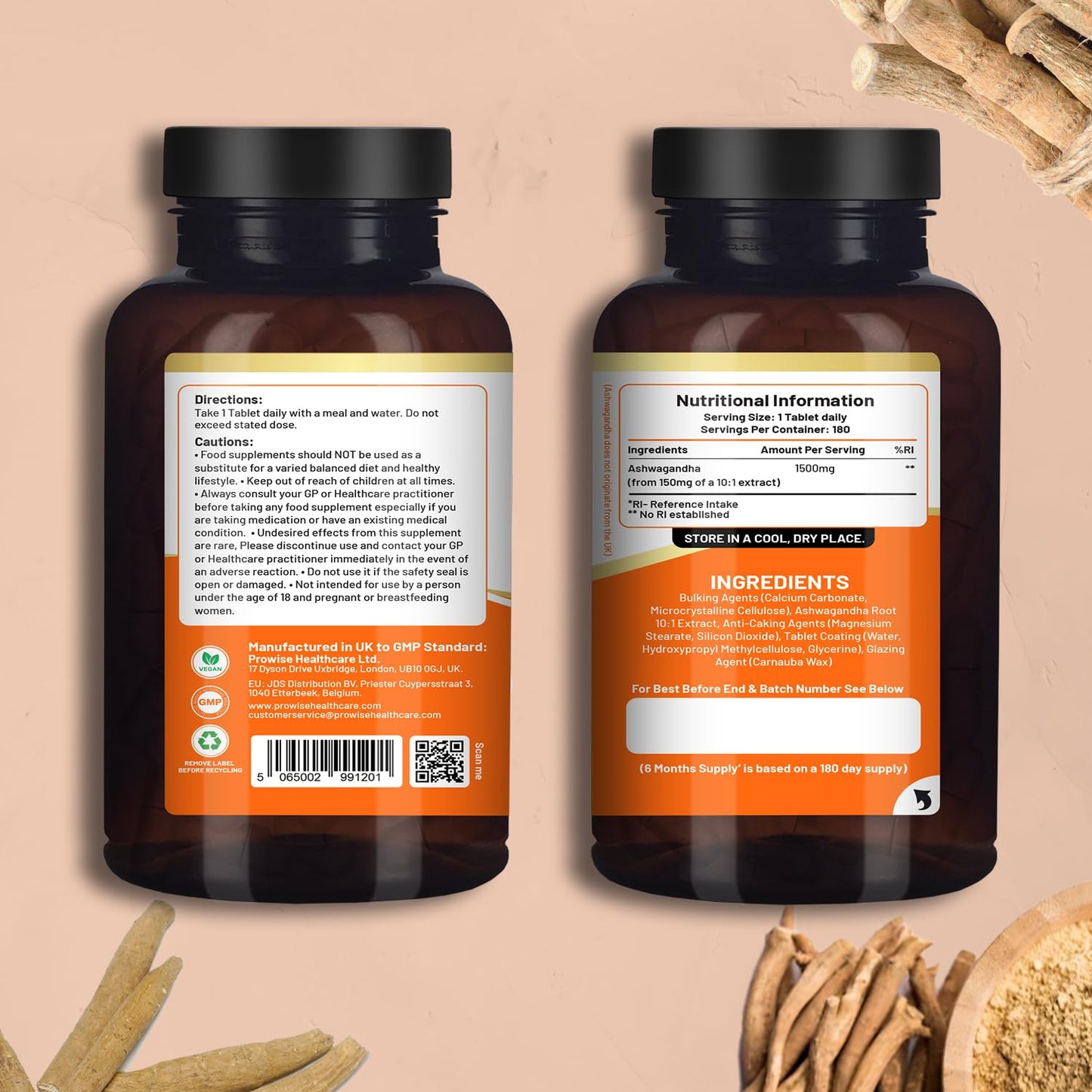 PH PROWISE Healthcare Ashwagandha 1500mg 180 Vegan Tablets | 6 Months’ Supply | Pure High Strength Ashwagandha Root Extract | Made in UK by Prowise Healthcare
