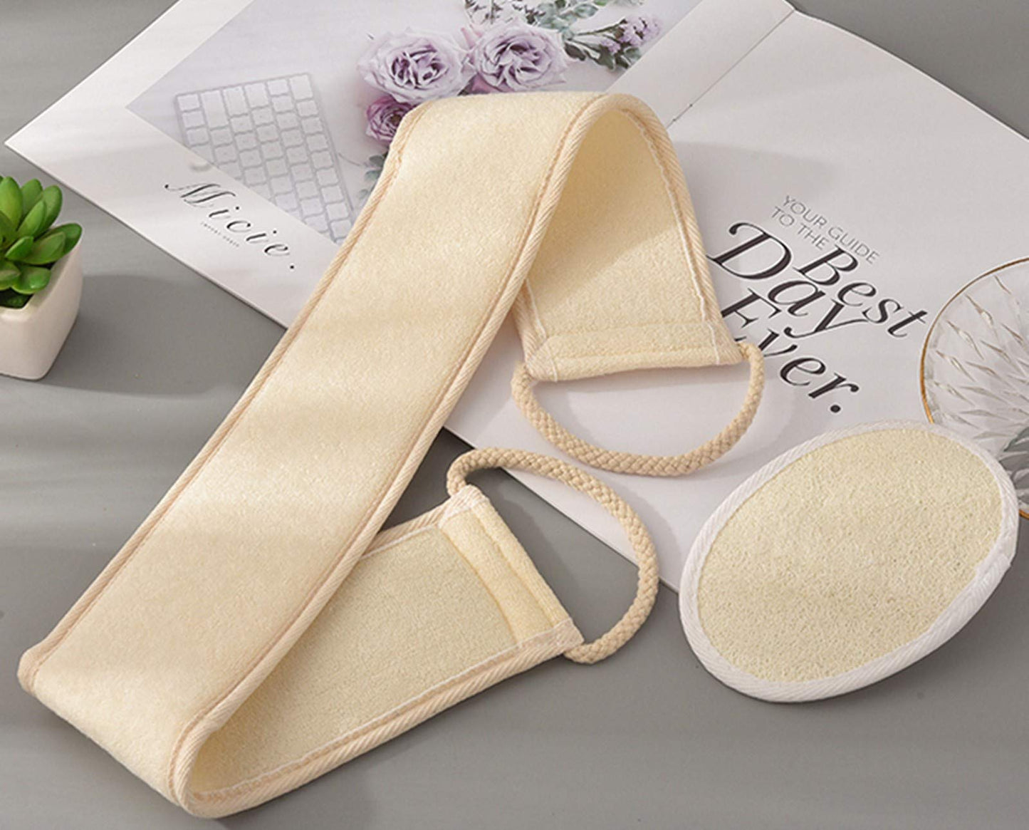 emlstyle Loofahs Exfoliating Loofah Back Scrubber for Shower, Double Side Scrubbing Strap Body Bath Sponge with a Loofahs pad