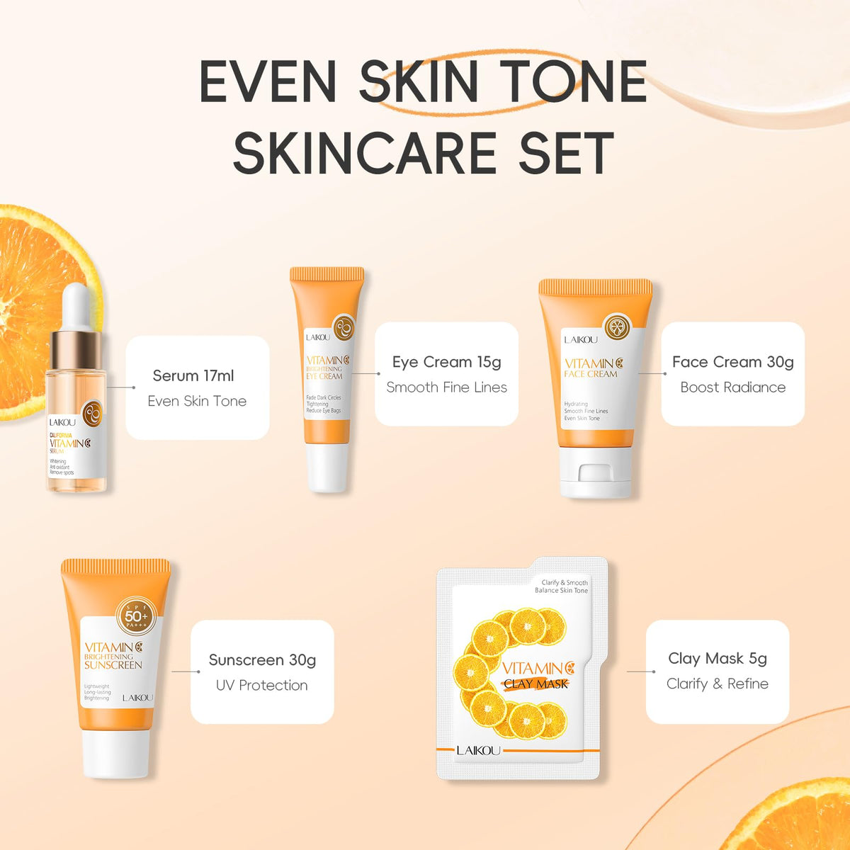 LAIKOU Vitamin C Skincare Gift Set, 9 Pcs Face Care Sets & Kits, Serum, Eye Cream, Face Cream, Sunscreen, Clay Mask & Gift Bag, Radiance Pamper Gifts for Women Teenage Girls, Mothers Day Birthday Gift