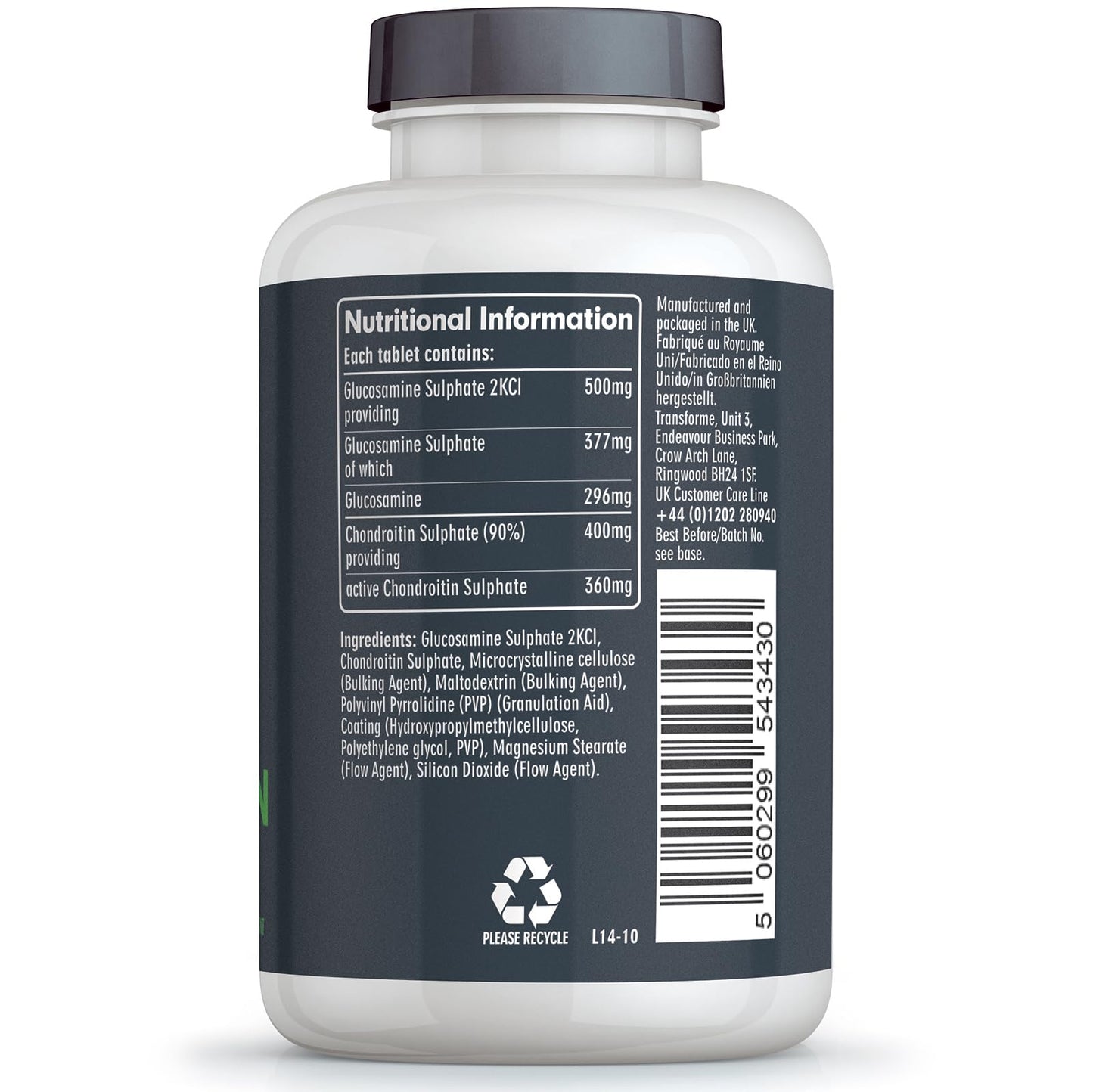 Transforme Glucosamine and Chondroitin 500mg/400mg High Strength Complex, 180 Tablets Up to 6 Months Supply, with Superior Chondroitin Sulphate (90% Potency), Gluten Free